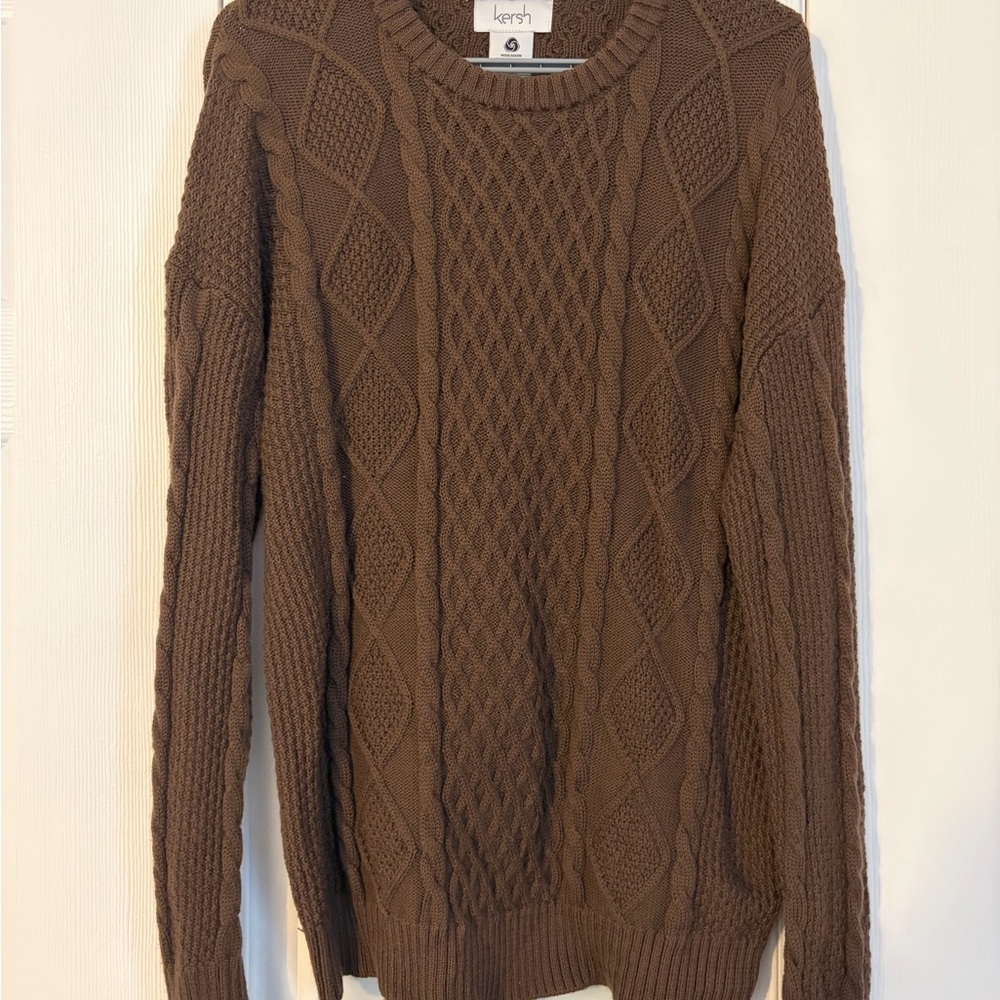 Kersh Women’s Brown Merino Wool Cotton Blend Cable Knit Sweater Size Medium